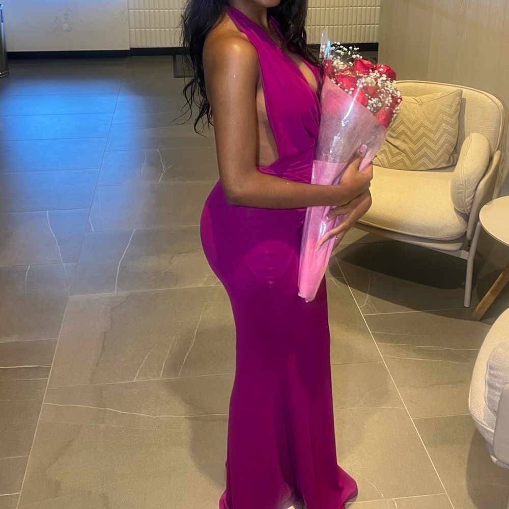 DEEP COWL NECK MAXI DRESS
IN FUCHSIA